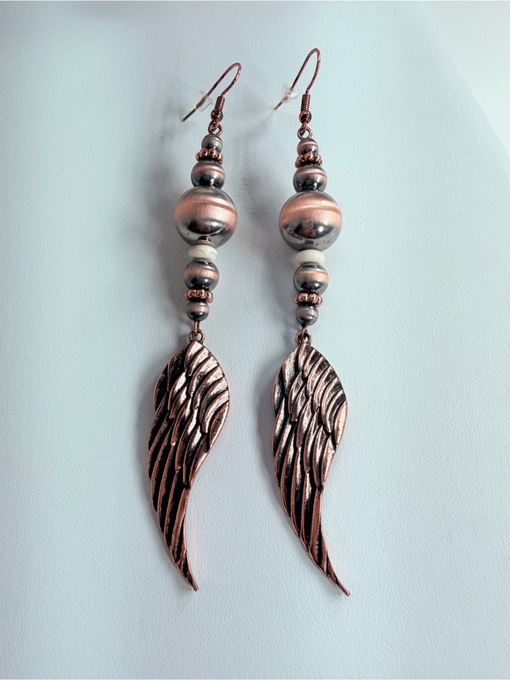 Rose Gold Wing Drop Earrings with Beaded Accents